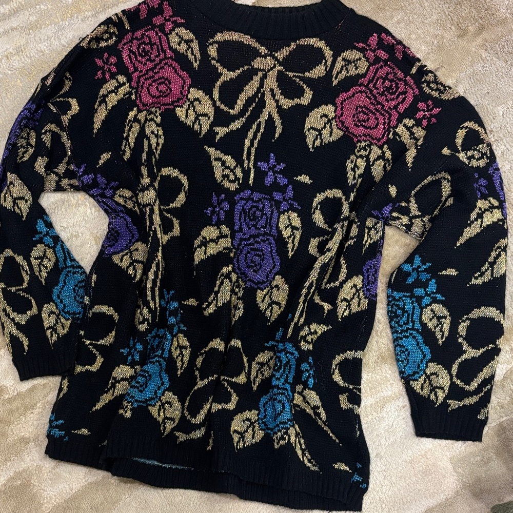 Vintage- Basic Edition- Floral Patterned Black Sw… - image 1